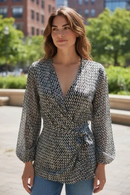 Blusa Top Diane Von Furstenberg DFV Talla 2 Jill Seda Jersey Blanco y Negro Foto 1 de 4