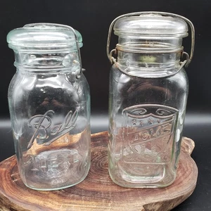 Vintage Ball Ideal & Acme Glass Canning Jars w/ Wire Bail Lids Quart Lot of 2 - Picture 1 of 10