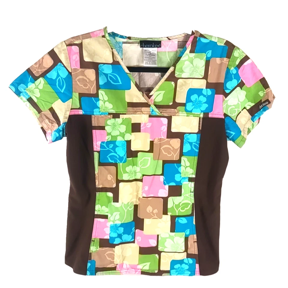 Blusa Médica Cherokee De Colección Para Mujer Talla Pequeña Rosa Azul Marrón Aspecto Desteñido Foto 1 de 4