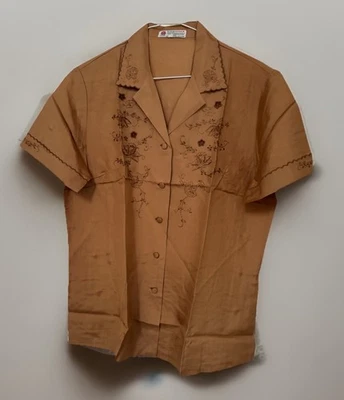 Blusa de seda tostada bordada a mano Peony años 70 retro/chic vintage talla: 40 (Reino Unido 12) Foto 1 de 4