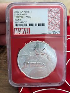 2017 Tuvalu Spider Man 1oz .9999 Silver Coin NGC MS 69 First Releases Marvel