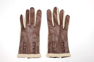 Vintage Gloves Cotton Fourchettes Italy Brown Leather Knit Edge Women's Size 7 - Picture 1 of 7