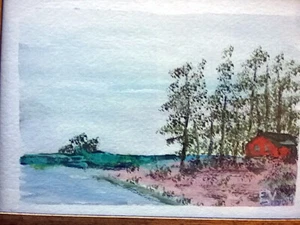 Original Firmado Acuarela Casa Roja sobre Agua Paisaje Pintura Impresionismo - Imagen 1 de 2