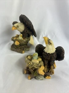 Bald Eagle Figurine Set Of 2 Nest Of Eggs Eaglet Branches Rocks 5” Resin - Picture 1 of 12