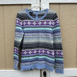 Talbots Nordic Fair Isle Blue Purple Lamb’s Wool Sweater Women’s Size Small - Picture 1 of 6