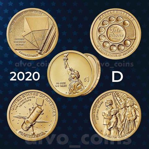 2020- D American Innovation$1 Uncirc 4 coins from Mint rolls: CT, MA, MD, SC Set Cover