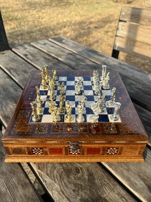 Roman Chess Set – Handmade Metal Pieces, Wood Board with Storage Box - Image 1 of 4