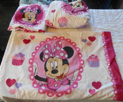 Vintage Disney Minnie Mouse Twin Fitted Sheet Set Pillowcase Top sheet Hearts 3p - Image 1 of 4