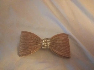 Vintage Metal Bow Hair Clip Textured Gold Tone Rhinestone Center Made France - Picture 1 of 4