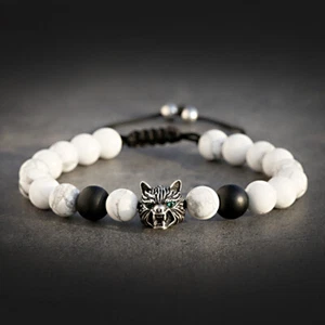 Vintage Men Bronze Wolf Head Healing Stress Relief Anxiety Energy Stone Bracelet - Picture 1 of 17