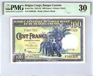 Belgian Congo 100 Francs, 1952-53 Pick# 25a Banknote. PMG Graded 30 VF . - Picture 1 of 15