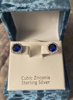 Nanette Lepore .925 SS Cubic Zirconia Stud Earrings In Sapphire Blue~New In Box! - Image 1 of 4