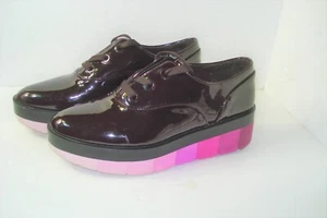 ZARA WOMAN Maroon Patent WEDGE Oxford SHOES Size 38 7.5 8 RAINBOW SOLE - Picture 1 of 4