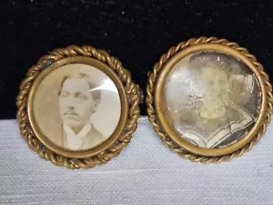 Vintage Victorian Mourning Miniature Framed Photo Pins of Man and Woman - Picture 1 of 5