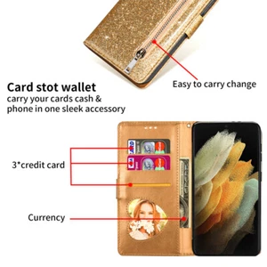 For Samsung S24 Ultra S23 S22 S7 Bling Glitter PU Leather Card Holder Case Cover - Picture 1 of 14
