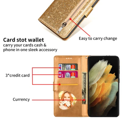 Capa estojo suporte cartão couro PU Bling Glitter para Samsung S24 Ultra S23 S22 S7 - Imagem 1 de 4