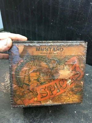 Antique Mustard  Wood General Store Display box Paper Label SPICES - Image 1 of 4