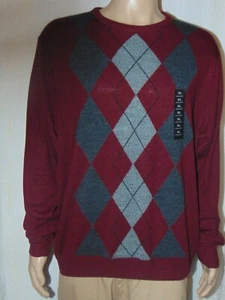 Men Size L Geoffrey Beene Burgundy Argyle Long Sleeve Sweater - Picture 1 of 2