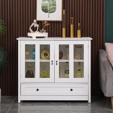 Accent Sideboard Buffet Cabinet Wooden Display Storage Cabinet with 2 Glass Door Cover