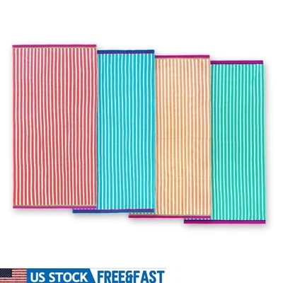 Paquete de 4 toallas de playa absorbentes de secado rápido de gran tamaño suave de felpa de algodón a rayas nuevas Foto 1 de 4