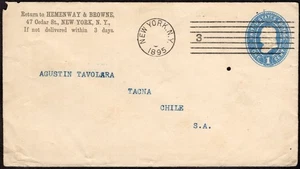 912 US TO CHILE PS STATIONERY ENVELOPE 1895 NEW YORK, NY - TACNA -PERU- - Picture 1 of 2