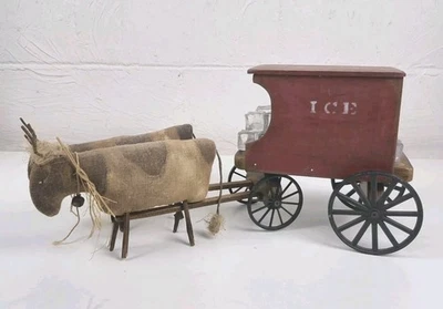 Rare Antique Signed Oxen Pulled Ice Wagon Primitive Toy With Cast Iron Wheels  - Image 1 of 4