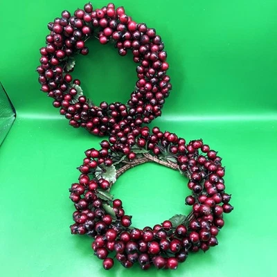 Red Berry Cranberry Candle Ring Wreath 6" Set of 2 Christmas Fall Holiday Decor - Image 1 of 4