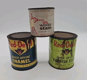 3) Vintage RED DEVIL Advertising Cans Oil Wood Stain Quick Drying Enamel Varnish - Picture 1 of 19