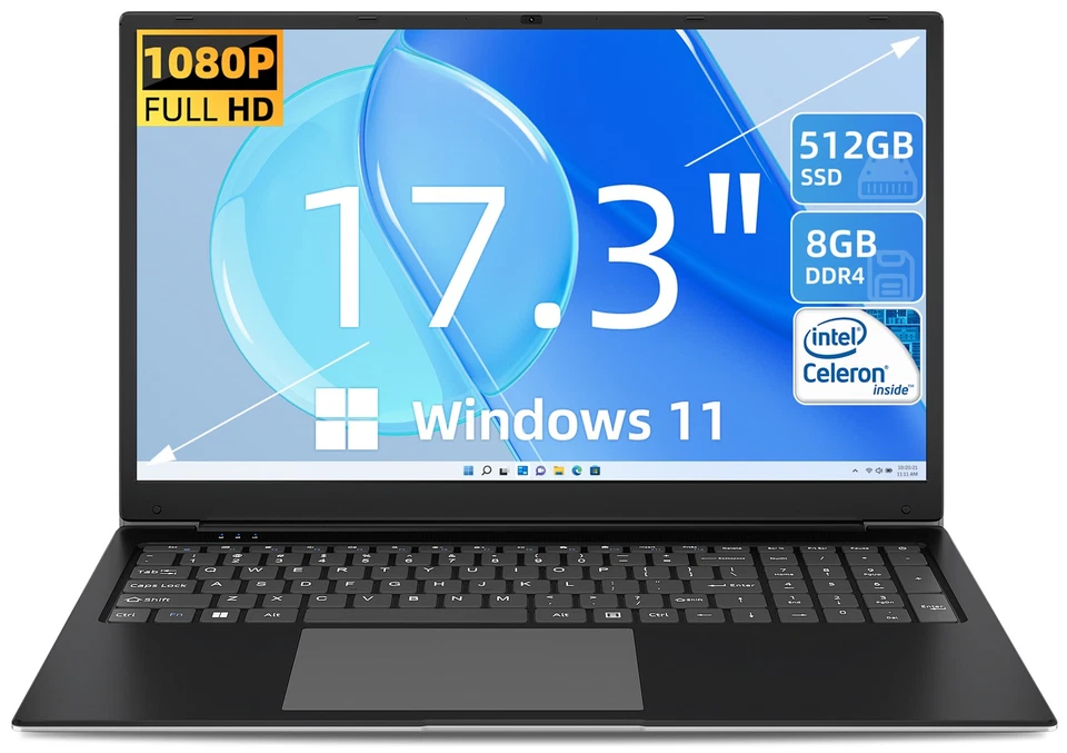 SGIN 17,3 Zoll Laptop Intel Celeron Dual-Core 8GB RAM 512GB SSD FHD Windows 11 - Bild 1 von 4