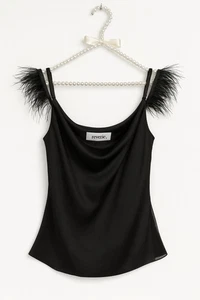 Reverie schwarz 100% Seide Wasserfallausschnitt Top Straußenfedern - Größe S - Glam & Selten - Bild 1 von 19