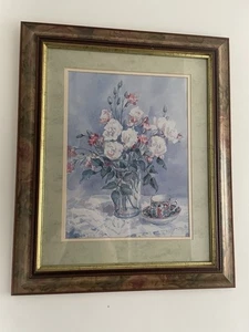 Still Life Painting in Floral Frame 1980s Print JOAN WILMOTH Cottage Flowers Art - Picture 1 of 10