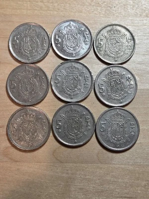 Spain 5-pesetas coins, lot of 9, all 1975. KM# 807, copper-nickel. Juan Carlos I - Image 1 of 4