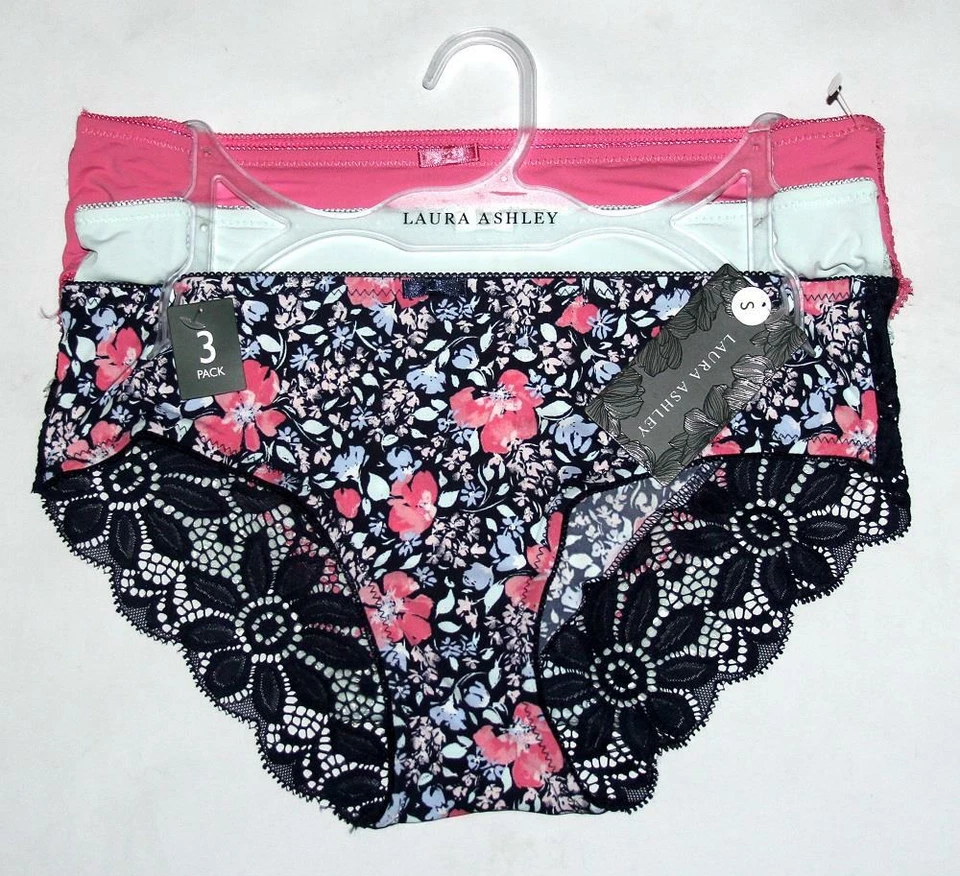 3 Laura Ashley Solids Pink Mint Floral Crocheted Back Lace Panties Wm's NWT $30 - Image 1 of 1