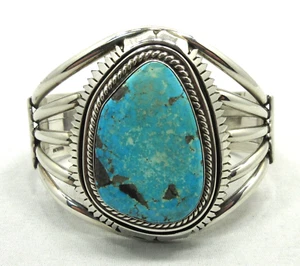 Native American Cuff Bracelet Navajo Signed BB Turquoise Sterling Silver #57 - Picture 1 of 14