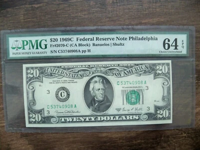 1969C TWENTY DOLLAR BILL $20 PMG 64 EPQ GRADED CHOICE UNC FRN PHILADELPHIA - Image 1 of 2