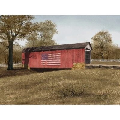 Billy Jacobs Canvas Print SASSAFRAS BRIDGE 12"x16"  American Flag Covered Bridge - Image 1 of 2