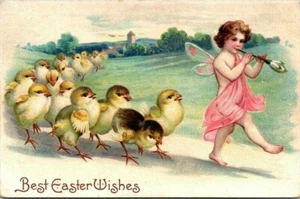 BEST EASTER WISHES - CHERUB LEADS CHICKS - EMBOSSED POSTCARD - Picture 1 of 2
