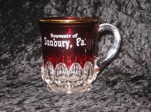 Vtg Ruby Red Flash Glass Souvenir Cup Mug EAPG Thumbprint w Gold Sunbury, Pa. 3" - Picture 1 of 6