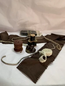 Vtg Antique Sewing Lot Brown Satin Ribbon Trim Glass Beads Rhinestone Trim - Picture 1 of 22