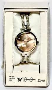 Neu im Karton Jessica Simpson silberfarbene Kristall Doppelarm Arm Armreif Armbanduhr (funktioniert) - Bild 1 von 3
