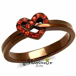 Light Coffee Stainless Steel & Orange Crystal Heart Fashion Ring Womens Sz 5-10 - Picture 1 of 5