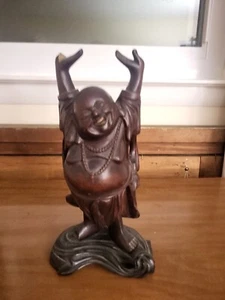 Vtg CARVED WOOD HAPPY BUDDHA ASIAN  ( 9 to 10 inch - Picture 1 of 6
