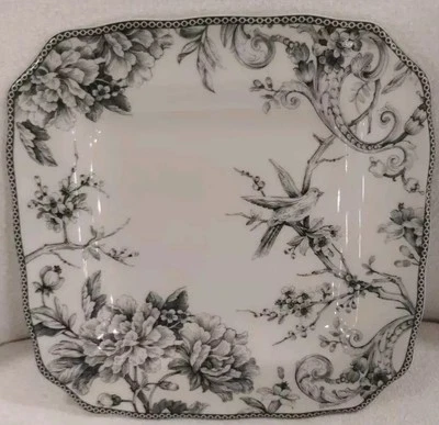 222 Fifth set 8 ADELAIDE GREY DINNER PLATES SQUARE Bird Floral gray NEW Elegant - Image 1 of 4