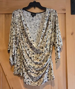 Dressbarn Blouse Women XL Geometric Wrap V-Neck Ruched Cold Shoulder Metallic - Picture 1 of 14