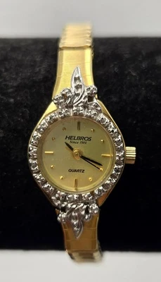 Vtg HELBROS Womens' Gold Tone Quartz Watch w/Silver Tone Diamond Bezel *WORKS*  - Image 1 of 4