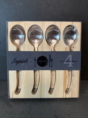 4 cucharas sopera ovaladas LAGUIOLE Francia antiguas blancas Jean Dubost 8 3/8” ~ ¡Nuevas abejas! Foto 1 de 4