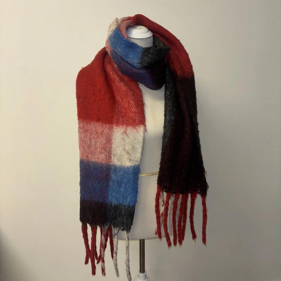 Bufanda para mujer gruesa tejida flecos bloque de color a rayas tejido envolvente bufanda larga talla grande Foto 1 de 4