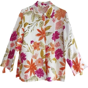 JM Collection SZ 12 White Fuchsia Orange Floral 100% Linen Button Roll Tab Shirt - Picture 1 of 6