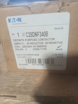 Cutler Hammer C25DNF340B Definite Purpose Control Contactor, 3 Pole, 40A, 240Vac - Image 1 of 4