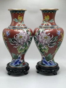 Vaso cloisonné asiatico vintage motivo floreale e uccellino smalto arte rame set base 2 11,5" - Foto 1 di 13